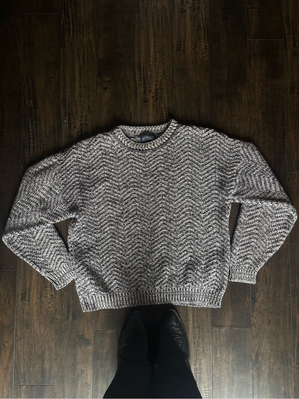 Lands' End Men's Marled Black and White Chevron Crewneck Sweater